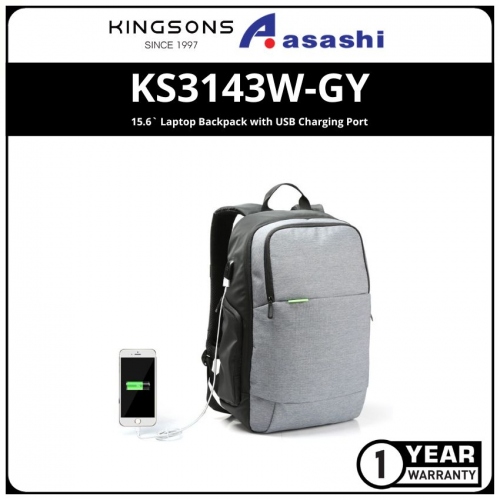 Kingsons KS3143W-GY 15.6` Laptop Backpack with USB Charging Port (1 yrs Limited Hardware Warranty)