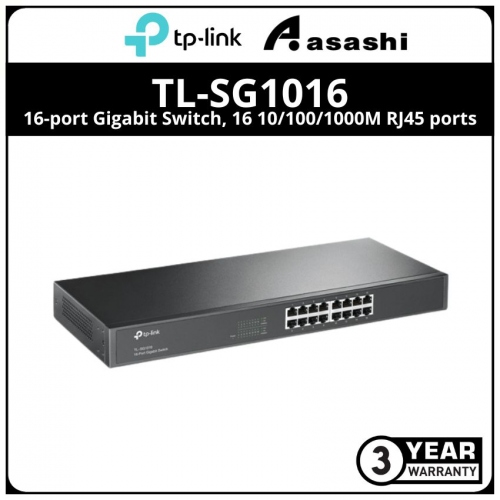 TP-LINK TL-SG1016 16-port Gigabit Switch, 16 10/100/1000M RJ45 ports, 1U 19-inch rack-mountable steel case