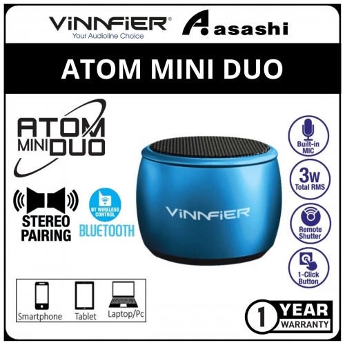 Vinnfier Atom Mini Duo (Blue) Bluetooth Portable Speaker with Wireless Stereo Pairing - 1Y