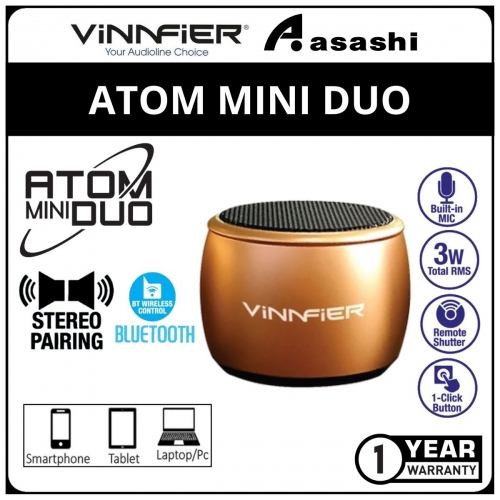 Vinnfier Atom Mini Duo (Gold) Bluetooth Portable Speaker with Wireless Stereo Pairing - 1Y