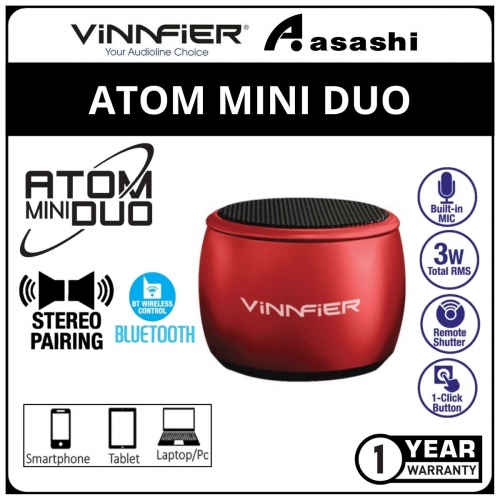 Vinnfier Atom Mini Duo (Red) Bluetooth Portable Speaker with Wireless Stereo Pairing - 1Y