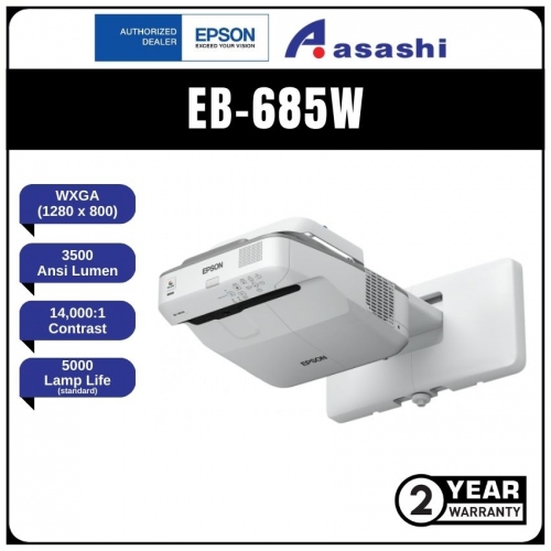 Epson EB-685W Ultra short-throw WXGA LCD Projector (3500AL, 14,000:1 Contrast Ratio, Lamp Life 10000hrs, Built-in 16W Mono Speaker, 2Y Warranty)