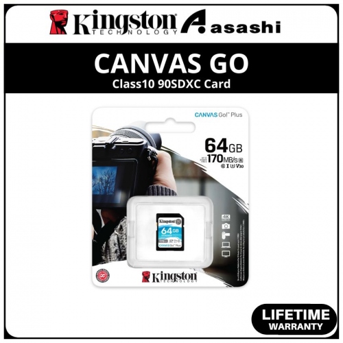 Kingston Canvas Go Plus 64GB UHS-I U3 V30 Class10 SDXC Card - SDG3/64GB (Up to 170MB/s Read Speed,70MB/s Write Speed)