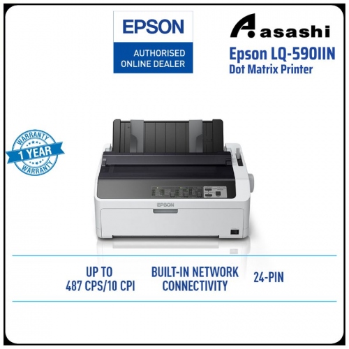 Epson LQ-590IIN Dot Matrix Printer - 24-pin, 80 columns, 487cps (high speed draft@10cpi), 1+6 copies, USB 2.0, parallel, Serial, built in 100base-Tx wired LAN 1Years Warranty