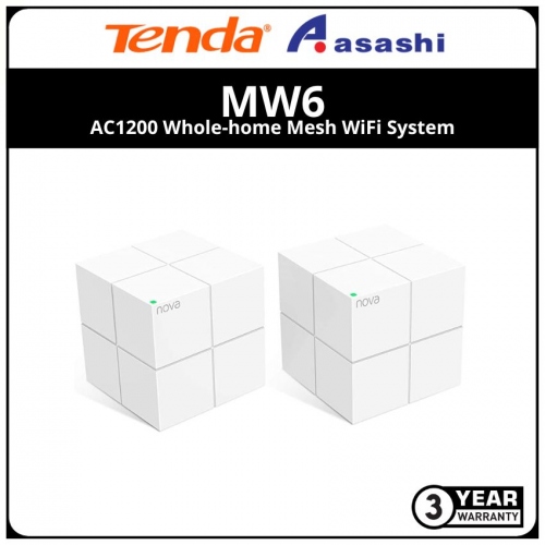 TENDA MW6(2-Pack) AC1200 Whole-home Mesh WiFi System; with 2 gigabit RJ45 ports per node. support 2.4GHz and 5GHz concurrent.Pre-paired installation.Plug and play