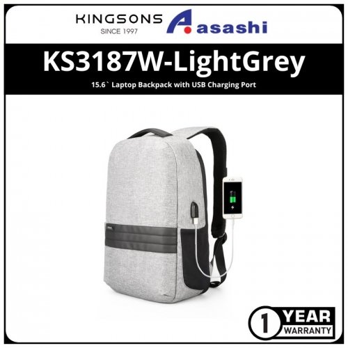 Kingsons KS3187W-LightGrey 15.6` Laptop Backpack with USB Charging Port (1 yrs Limited Hardware Warranty)