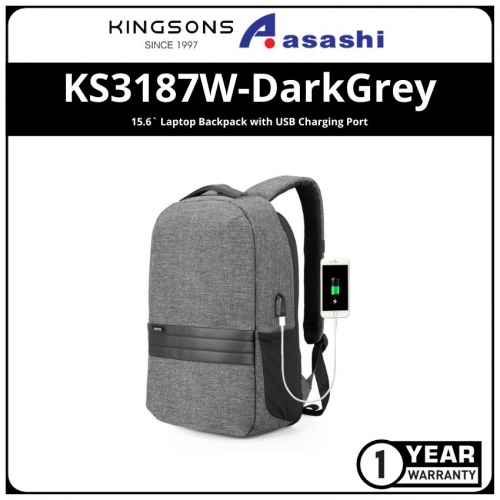 Kingsons KS3187W-DarkGrey 15.6` Laptop Backpack with USB Charging Port (1 yrs Limited Hardware Warranty)