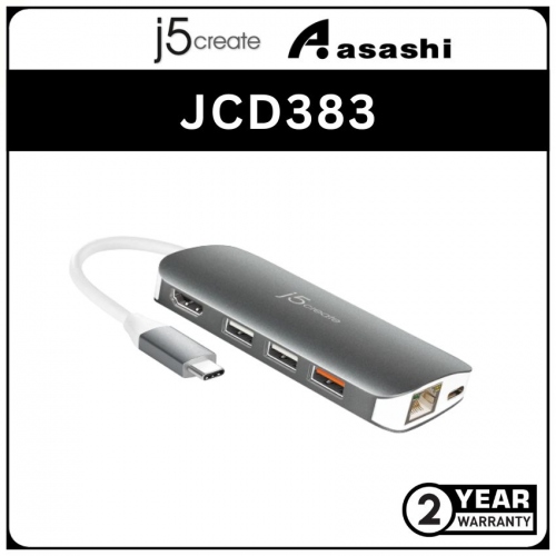 J5Create JCD383 USB 3.1 Type-C Multi Adapter (HDMI/Ethernet/USB3.1 Hub/PD2.0/SD & Micro SD Card Reader (2 yrs Limited Hardware Warranty)