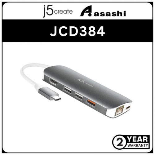 J5Create JCD384 USB 3.1 Type-C Multi Adapter (VGA/Ethernet/USB3.1 Hub/PD2.0/SD & Micro SD Card Reader (2 yrs Limited Hardware Warranty)