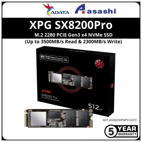ADATA XPG SX8200Pro 512GB M.2 2280 PCIE Gen3 x4 NVMe SSD - ADT-ASX8200PNP512GTC (Up to 3500MB/s Read & 2300MB/s Write)
