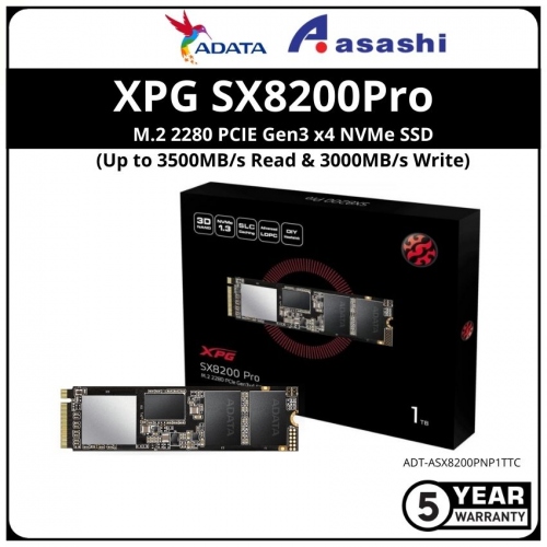 ADATA XPG SX8200Pro 1TB M.2 2280 PCIE Gen3 x4 NVMe SSD - ADT-ASX8200PNP1TTC (Up to 3500MB/s Read & 3000MB/s Write)