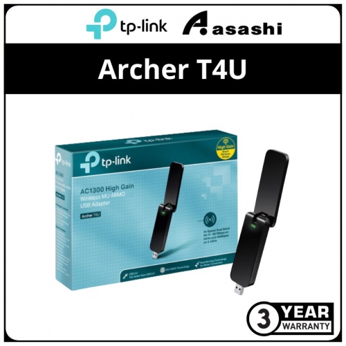 TP-Link Archer T4U AC1300 High Gain Wi-Fi MU-MIMO USB Adapter, 867Mbps at 5GHz + 400Mbps at 2.4GHz, USB 3.0, External antenna