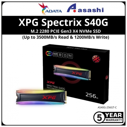 ADATA XPG Spectrix S40G RGB 256GB M.2 2280 PCIE Gen3 X4 NVMe SSD - AS40G-256GT-C (Up to 3500MB/s Read & 1200MB/s Write)