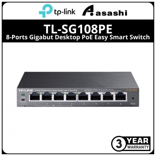 TP-Link TL-SG108PE 8-Ports Gigabut Desktop PoE Easy Smart Switch, 8 Gigabit RJ45 Ports Including 4 PoE Ports,, 55W PoE Power Supply.