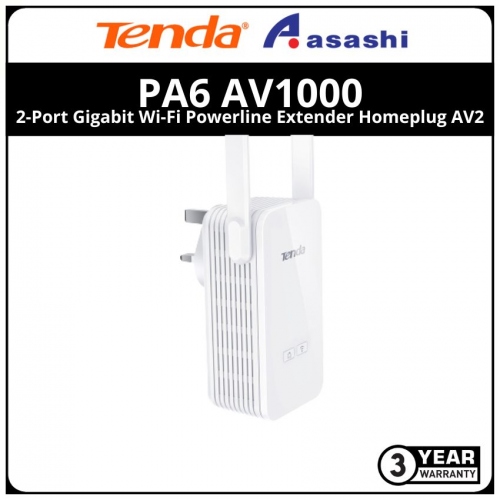 Tenda PA6 AV1000 2-Port Gigabit Wi-Fi Powerline Extender
Homeplug AV2
Powerline 1000Mbps / Wi-Fi 300Mbps
2*Gigabit Ethernet port