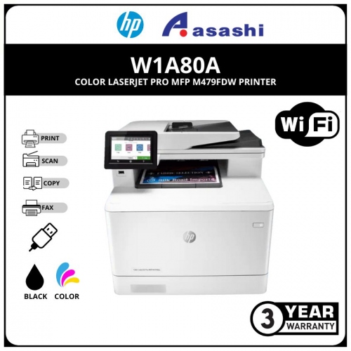 HP Color LaserJet Pro MFP M479fdw AIO Color Laser Printer (W1A80A) Function : Print, Scan, Copy,Fax Email<br>Black: Up to 27 ppm, Color: Up to 27ppm<br>Print Quality :Up to 600 x 600dpi<br>Monthly Duty Cycle Up to 50,000 pages, Duplex, Ethernet Networking, Wireless / ePrint / Wireless Direct<br>Memory : 512MB NAND Flash/512 MB DRAM, Processor Speed :1200 MHz
