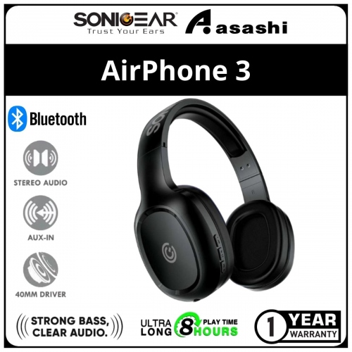 Sonic Gear AirPhone 3 (Black) Bluetooth Headphones With Mic | Built In Rechargeable Battery | 1 Year Warranty