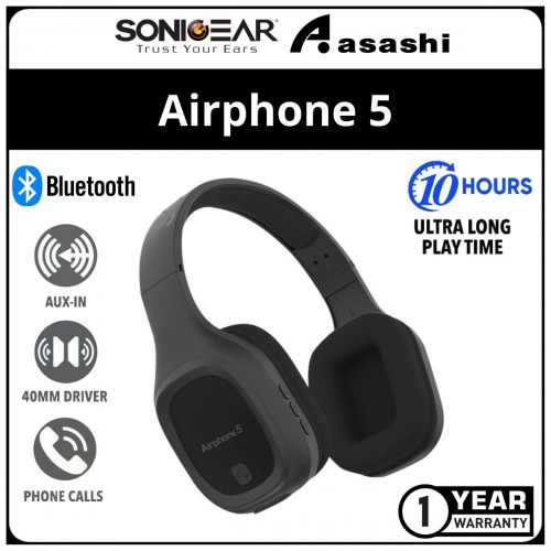 Sonic Gear Airphone 5 (Black) Bluetooth 5.0 Headphone | High Clarity | Strong Bass | Built-In Microphone | 1 Year Warranty