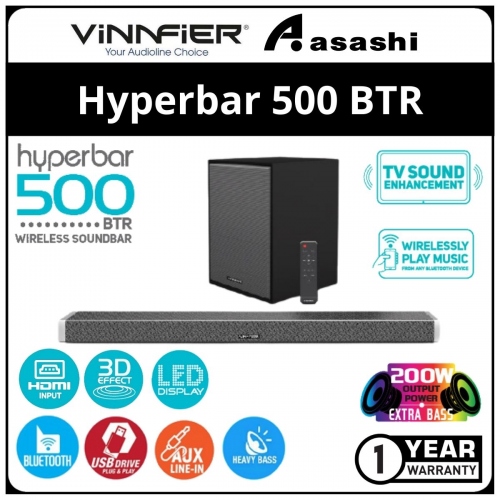 Vinnfier Hyperbar 500 BTR Bluetooth Sound Bar with Subwoofer 3D Effect - 1Y
