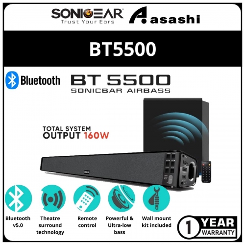 Sonic Gear BT5500 Bluetooth 5.0 SoundBar With Wireless Subwoofer Powerful And Ultra-Low Bass Theatre Surround Technology SoundBar (1 yrs Manufacturer Warranty)