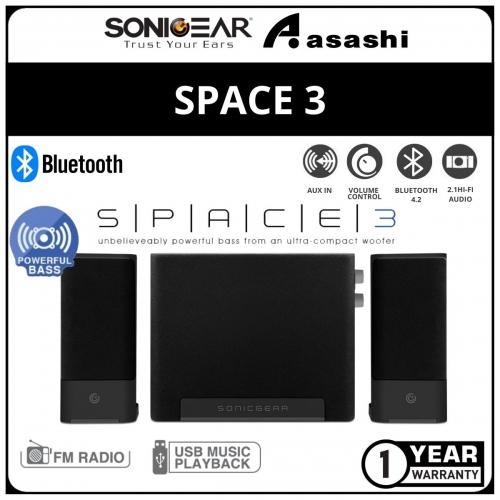 Sonic Gear Space 3 (Grey) Hi-Fi Bluetooth Speaker with Pure Rich Sound | FM Radio | Aux-In | USB Playback | 1 Year Warranty