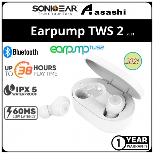Sonic Gear Earpump TWS 2 (White) Wireless Bluetooth Earbuds | Playtime Up to 36 Hours | Low Latency | 1 Year Warranty