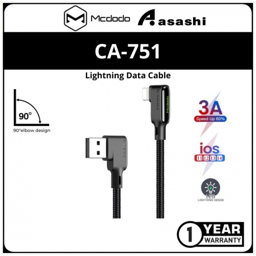 Mcdodo CA-7510 BLACK GLUE Series 90 Degree Straight Lightning Data Cable - 1.2M (Black)