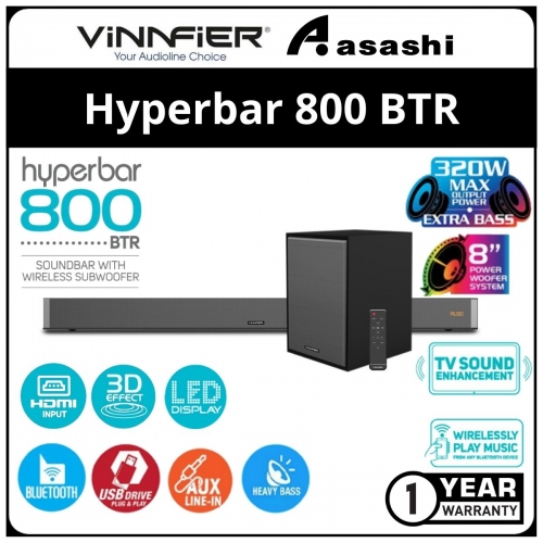 Vinnfier Hyperbar 800 BTR Bluetooth Sound Bar with Wireless Subwoofer with AUX HDMI OPTICAL INPUT - 1Y