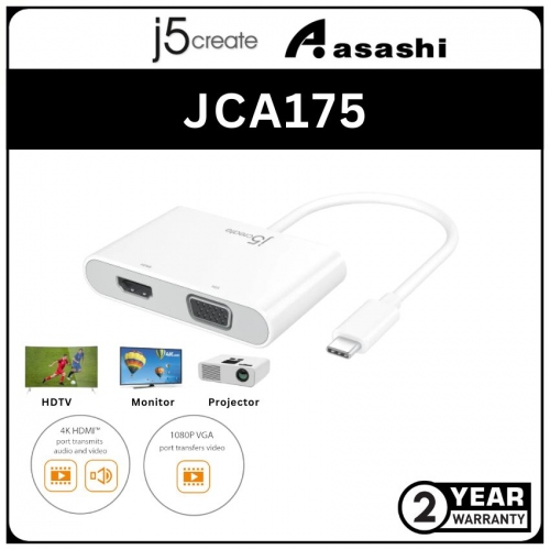 J5Create JCA175 USB C to VGA+HDMI+USB3.0+PD Adapter (2 yrs Limited Hardware Warranty)