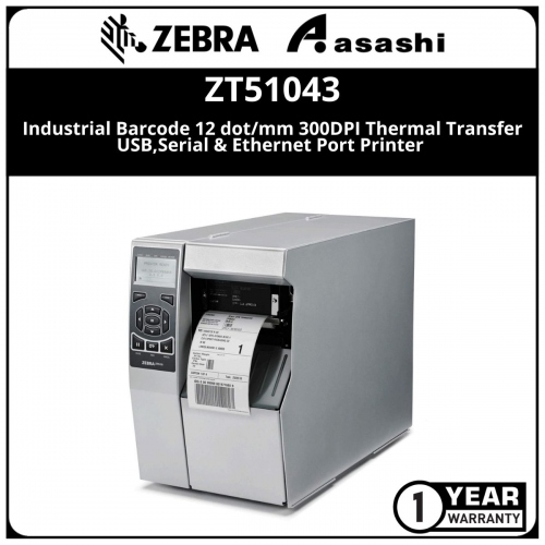 Zebra ZT510 Industrial Barcode 12 dot/mm 300DPI Thermal Transfer USB,Serial & Ethernet Port Printer (ZT51043-T0P0000Z)(Warranty Printer 1 year, Printhead 6 Month)