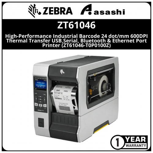 Zebra ZT610 High-Performance Industrial Barcode 24 dot/mm 600DPI Thermal Transfer USB,Serial, Bluetooth & Ethernet Port Printer (ZT61046-T0P0100Z)(Warranty Printer 1 year, Printhead 6 Month)