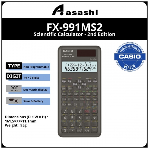 Casio fx-991ms2 / fx-991ms 2nd edition scientific calculator with 401 function - two way power