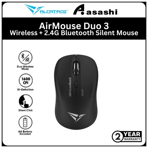 Alcatroz AirMouse Duo 3 Black Wireless + 2.4G Bluetooth Silent Mouse with Battery (1 yrs Limited Hardware Warranty)