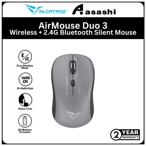 Alcatroz AirMouse Duo 3 Grey Wireless + 2.4G Bluetooth Silent Mouse with Battery (1 yrs Limited Hardware Warranty)