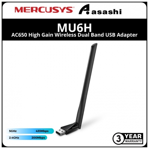 Mercusys MU6H AC650 High Gain Wireless Dual Band USB Adapter, 433Mbps at 5GHz + 200Mbps at 2.4GHz, USB 2.0, 1 high gain antenna