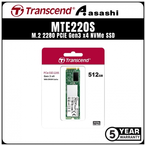 Transcend MTE220S 512GB M.2 2280 PCIE Gen3 x4 NVMe SSD - TS512GMTE220S (Up to 3500MB/s Read & 2500MB/s Write)