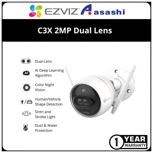 EZVIZ C3X 2MP Dual Lens Color Night Vision Human/Vehicle Detection Dark Fighter Active Defense with Siren and Strobe Light IP67 H265 IP Camera - 24 Hour Cloud Record