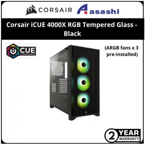 Corsair iCUE 4000X RGB Tempered Glass Mid-Tower ATX Case (3x ARGB Fan) - Black