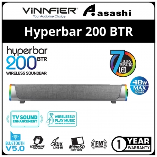 Vinnfier Hyperbar 200 BTR (Silver) Wireless Soundbar with Bluetooth V5.0 USB Drive MicroSD Aux line in - 1Y