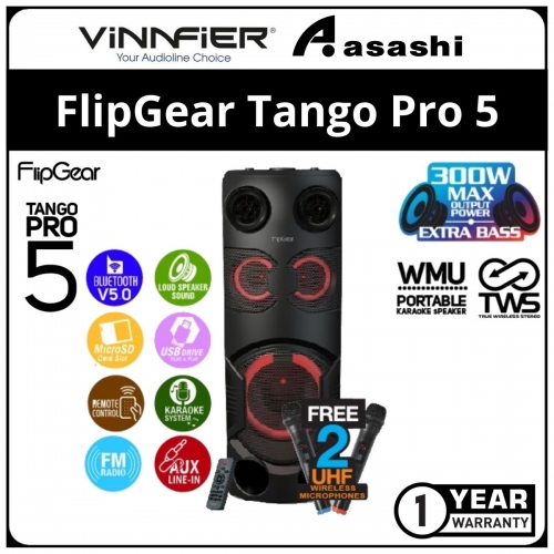 Vinnfier FlipGear Tango Pro 5 WMB (300W) Portable Karaoke System Speaker with 2 UHF Wireless Microphones - 1Y