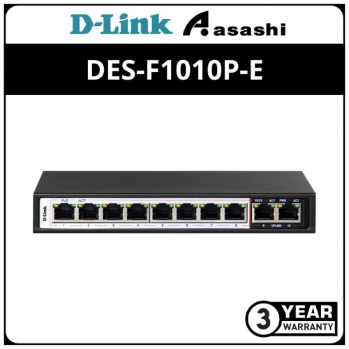 D-Link DES-F1010P-E 8 + 2 Port 100Mbps 250M POE Switches , Built to Power Extender POE Devices (POE Budget 96W)