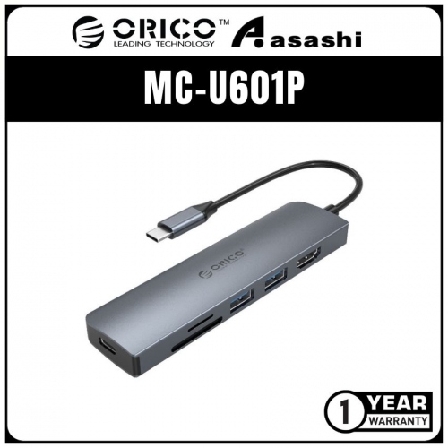ORICO MC-U601P Aluminium 6 in 1 Type‐C Mutifunction Hub - PD3.0*1、USB3.0*2、TF3.0/SD3.0*1、HDMI*1