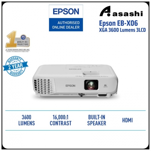 Epson EB-X06 XGA 3600 Lumens 3LCD Projector (No Included Bag)