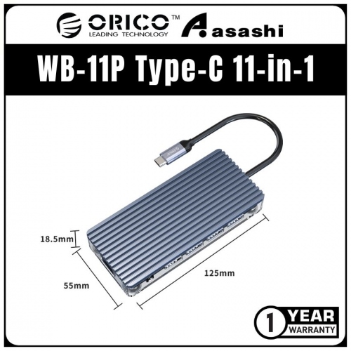 ORICO WB-11P Type-C 11-in-1 Transparent Hub - USB3.0*3, USB2.0*1, HDMI*1, RJ45*1, TF&SD*1, USB3.0 Type-C *1, VGA*1, Audio*1