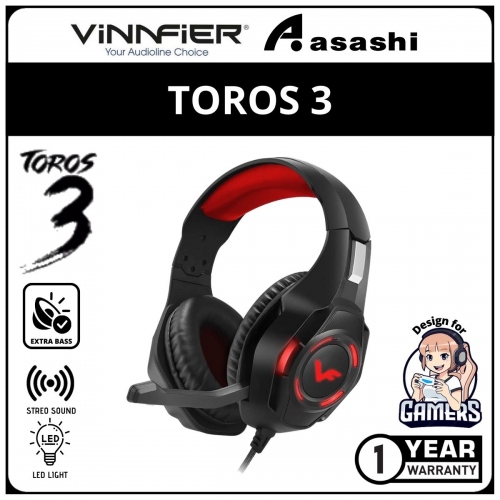 Vinnfier TOROS 3 Red (2021) Gaming Headphone with LED (1Year Manufacturer Warranty)