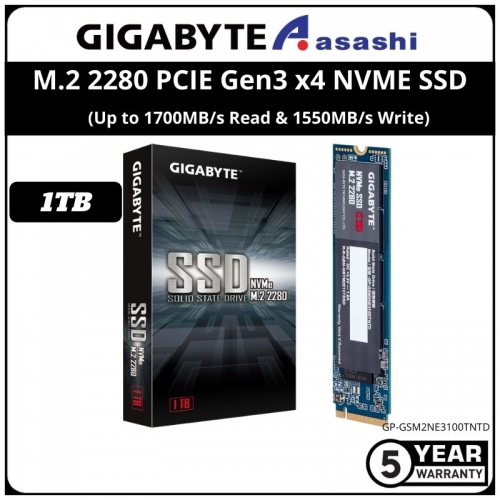 Gigabyte 1TB M.2 2280 PCIE Gen3 x4 NVME SSD (Up to 1700MB/s Read & 1550MB/s Write)
