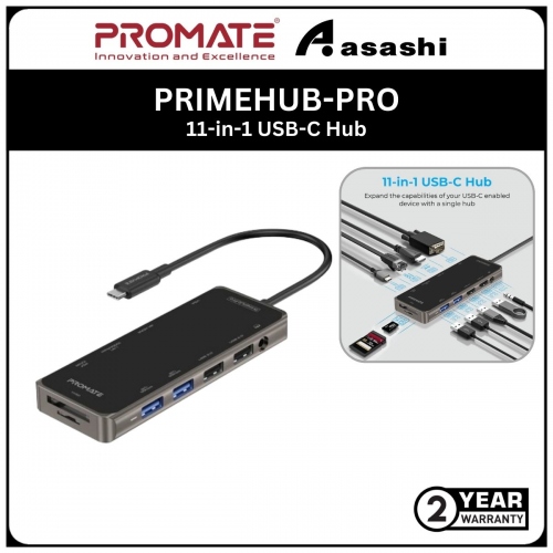 Promate PRIMEHUB-PRO 11-in-1 USB-C Hub with 100W Power Delivery • 4K HDMI • 1080p VGA • Dual Display Support • 1000Mbps LAN • USB 3.0 & USB 2.0 Ports • AUX • SD/TF Card