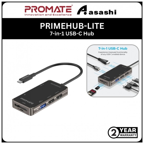 Promate PRIMEHUB-LITE 7-in-1 USB-C Hub • 4K HDMI Full HD Port • Dual USB 2.0 Ports • USB 3.0 5Gbps Port • SD/TF Card Slots