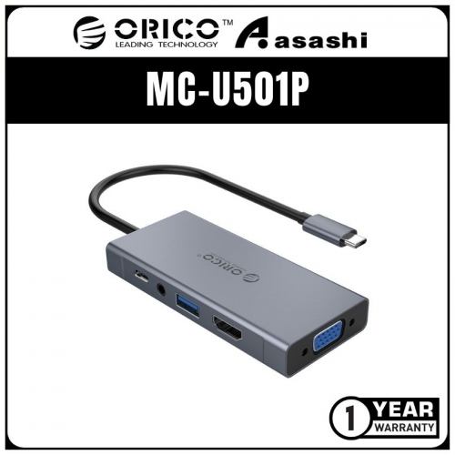 ORICO MC-U501P Aluminium 5 in 1 Type‐C Mutifunction Hub - USB3.0*1、HDMI*1、VGA*1、AUDIO*1、PD3 TypeC(60W)