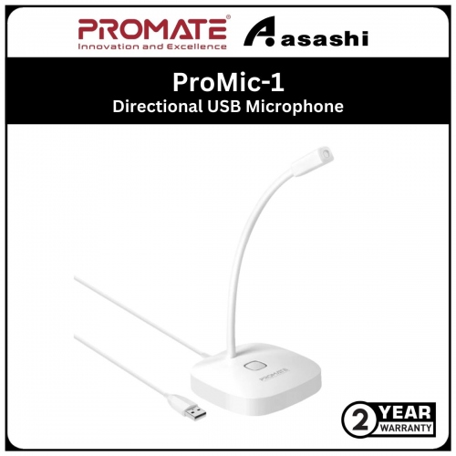 Promate ProMic-1-WHT Directional USB Microphone with Gooseneck Design & Mute Button • Adjustable Stand • USB Connectivity